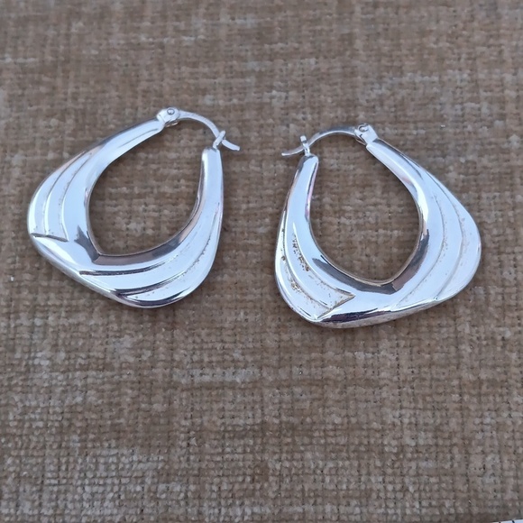 Silver Latch Back Triangle Puffy Hoop Earrings - Picture 1 of 10